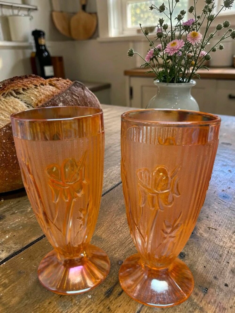 Jeanette Depression Glass Tumblers Iris & Herringbone Carnival Glass Footed - Picture 3 of 5